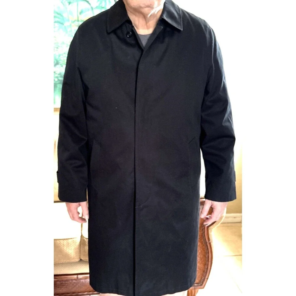 Bill Blass Menswear Black Trench Coat Button Front Zip Out Faux Fur Lining Large