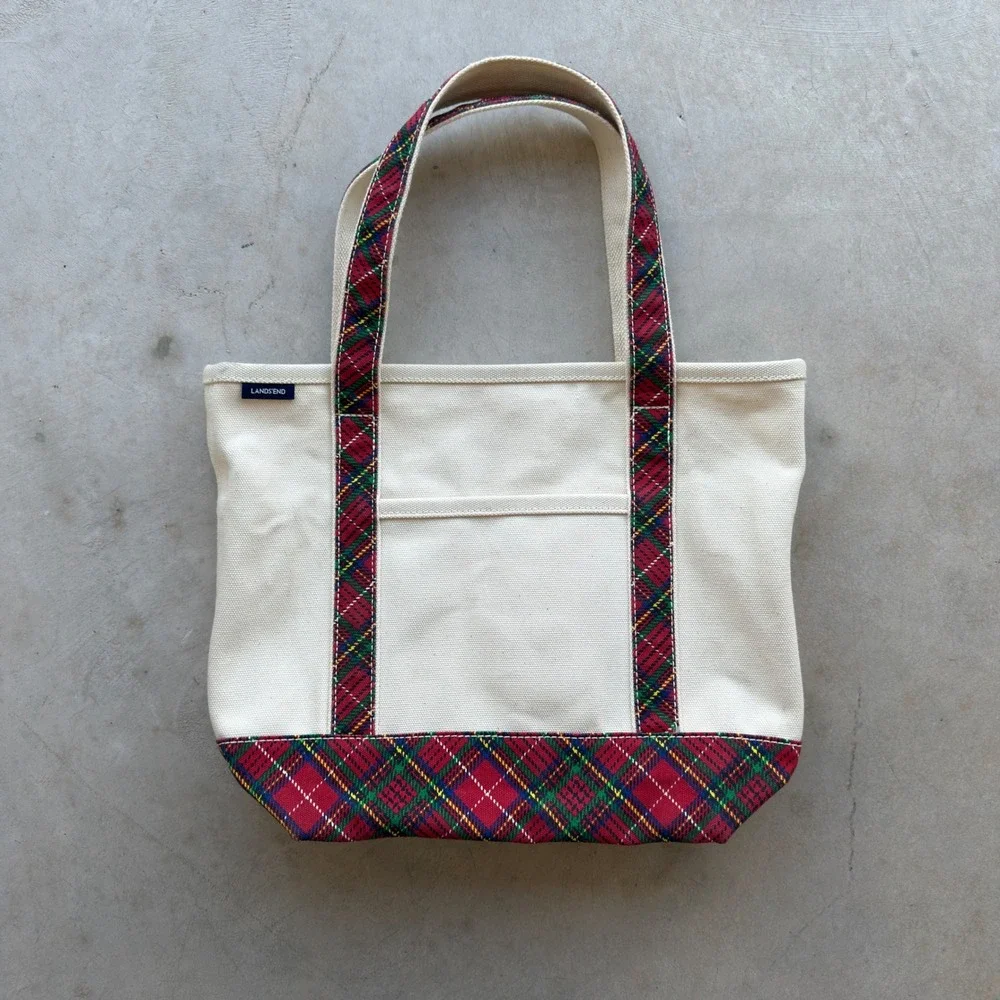 Lands End Canvas Tote Bag Cream Red Plaid Tartan Holiday Medium Open Top