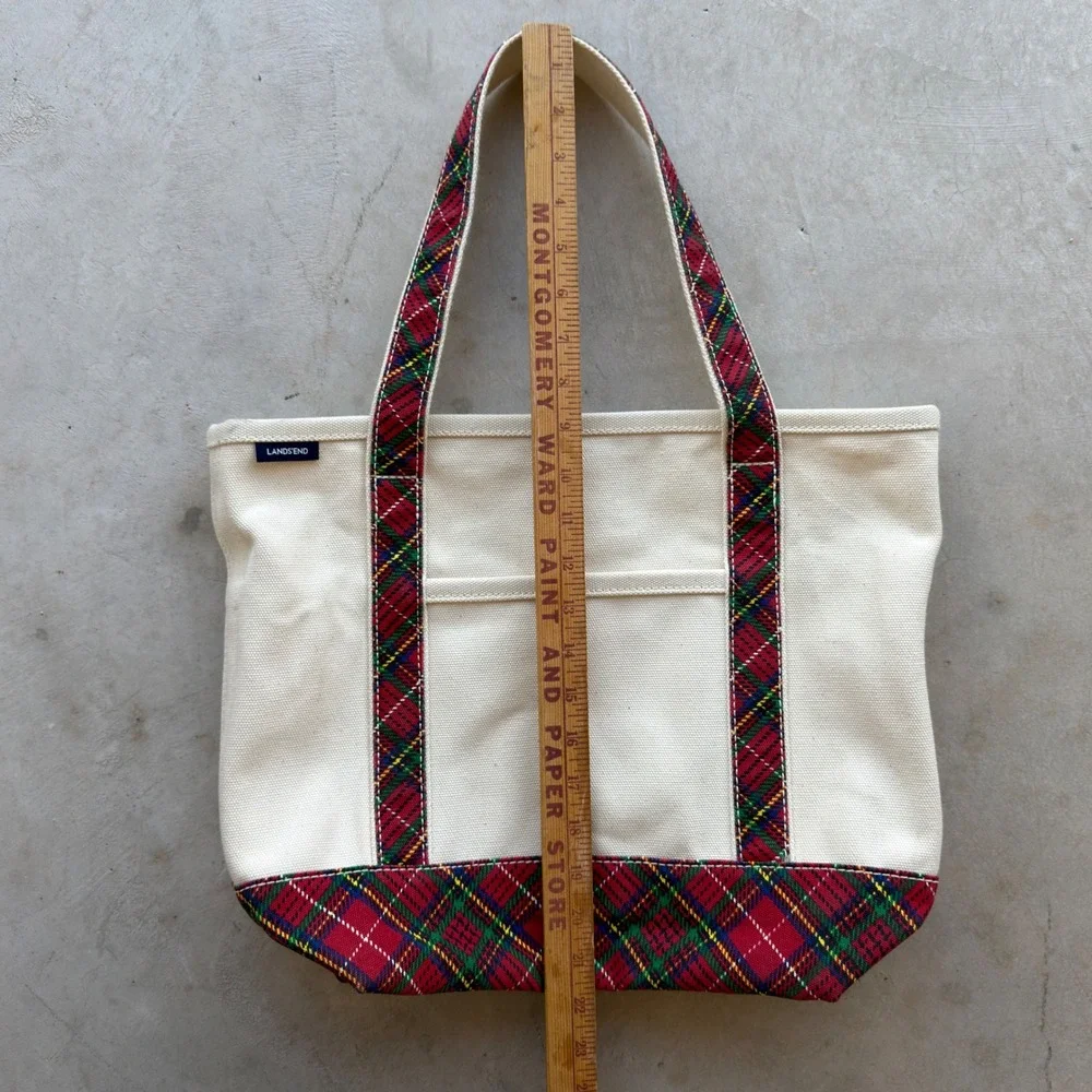 Lands End Canvas Tote Bag Cream Red Plaid Tartan Holiday Medium Open Top