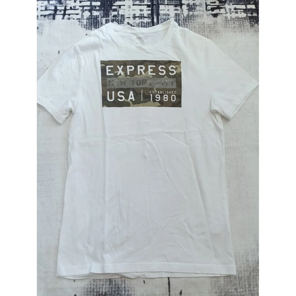 Express Men's White Graphic‎ Tee with Camouflage Print