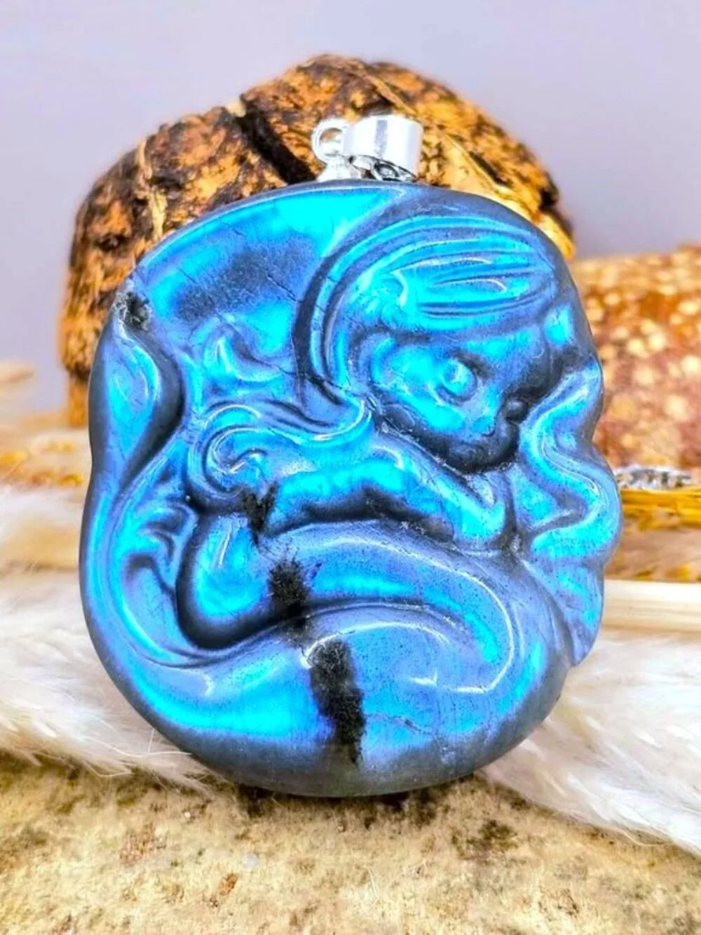 Natural Labradorite Carved Sleeping Mermaid Pendant Necklace
