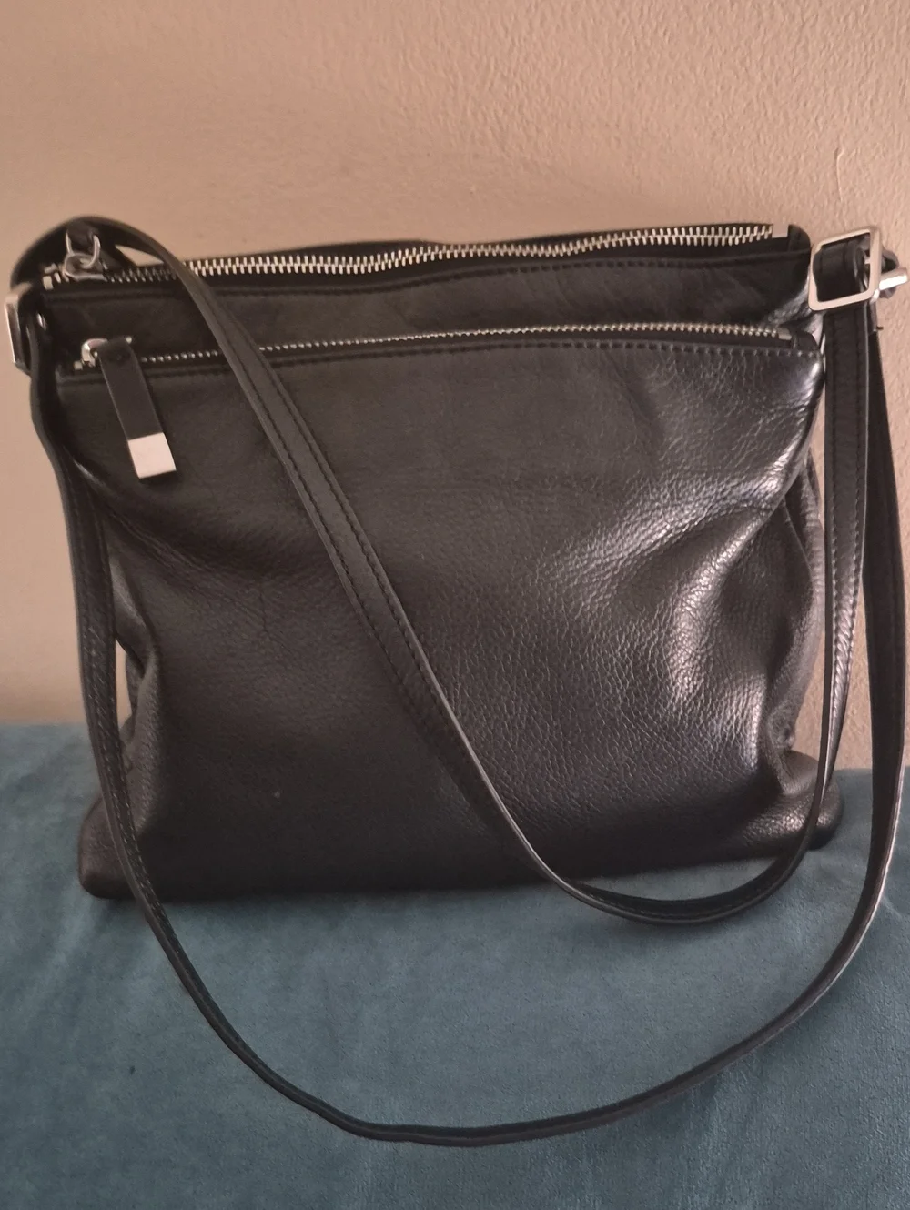 Margot Black Buttery leather Double Zip  shoulder Crossbody bag