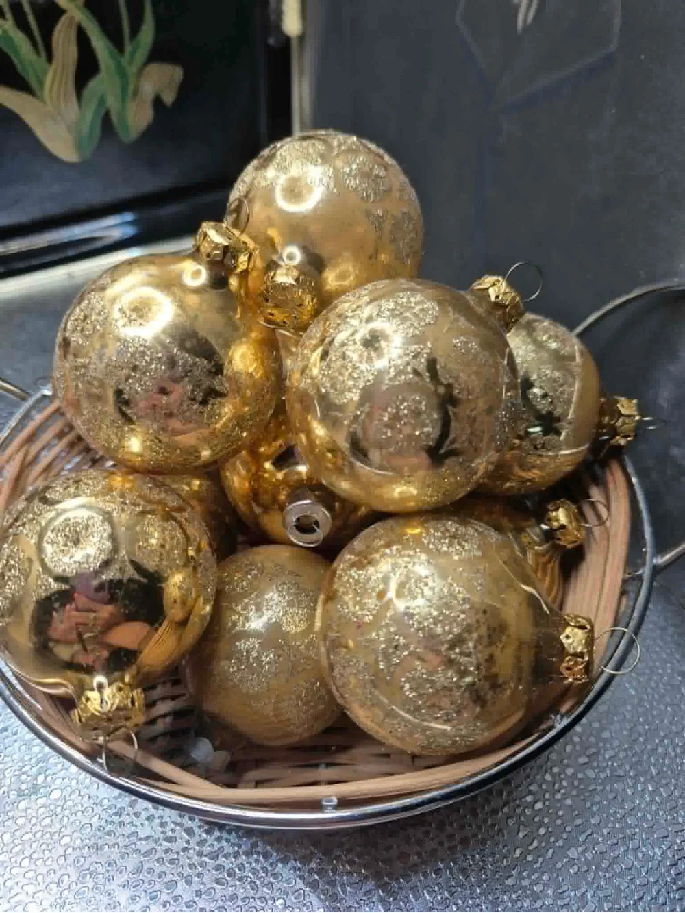 MCM Vintage Gold Mica on Mercury Glass Christmas Ornaments Set 7 - West Germany