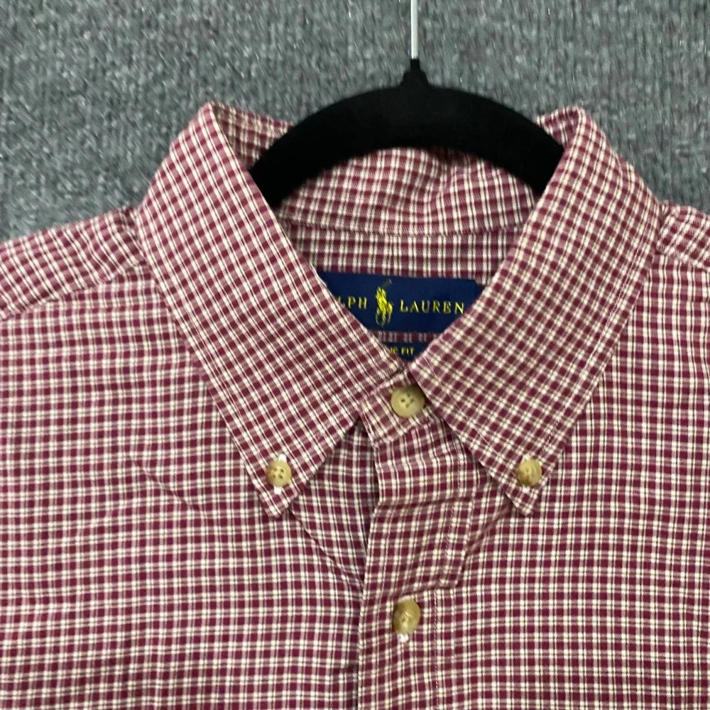 Polo Ralph Lauren Mens Large Classic Fit Burgundy Plaid Cotton Button Down Shirt