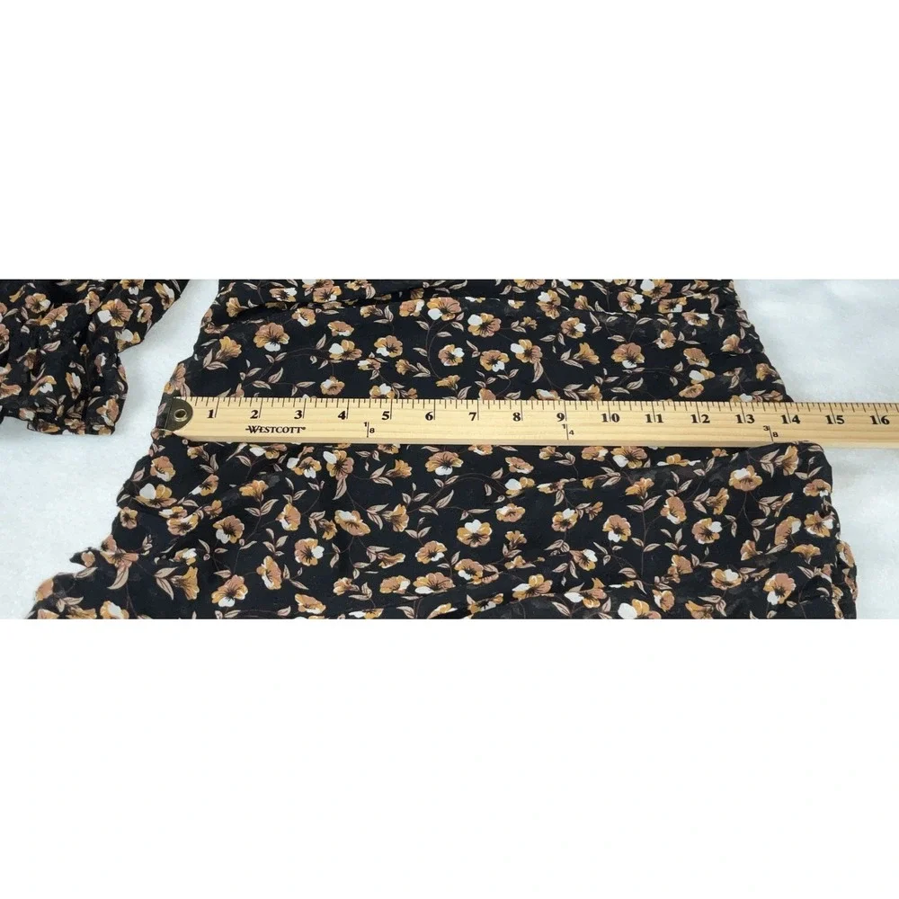 Storia  Dress Size S Mini Floral Long Sleeve ‎ Black Brown Ruched Swiss Dot Zip