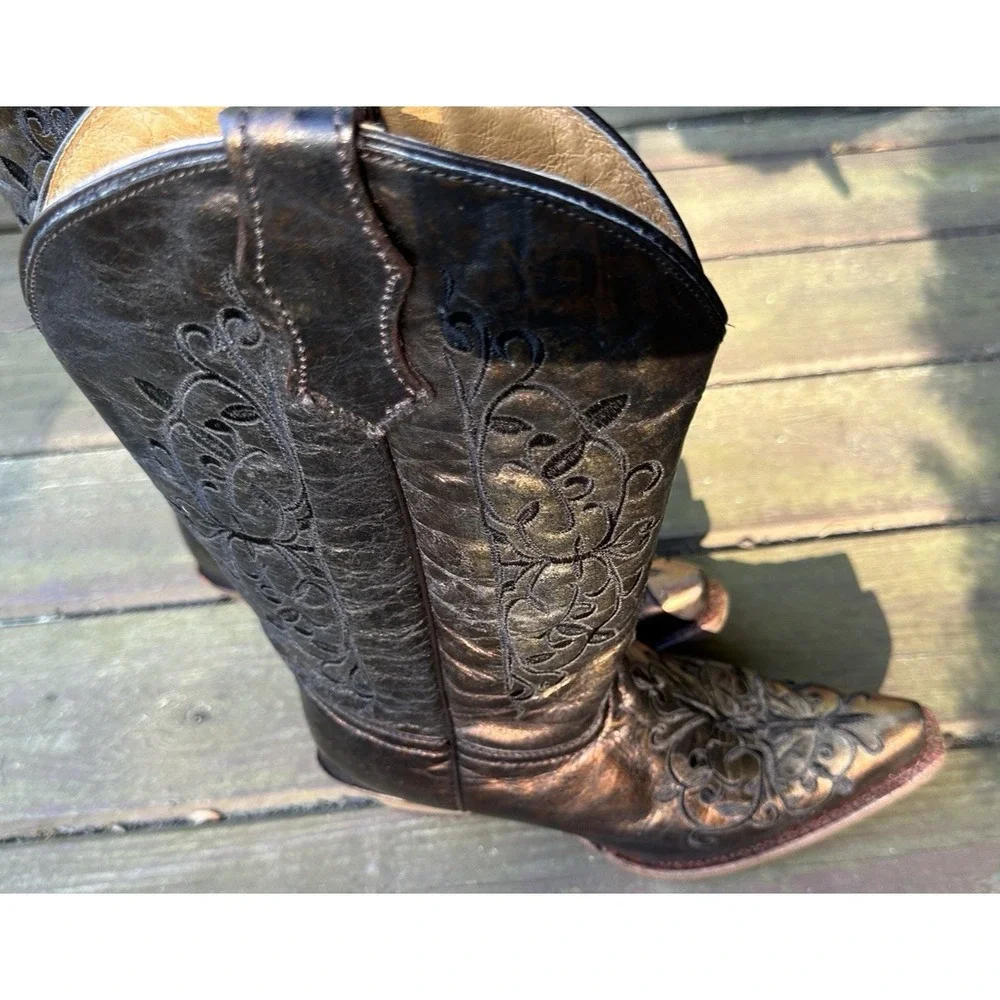Corral Western Boots Teen Girls' Cowboy Pull‎ On Metallic Bronze A3154 Size 3.5