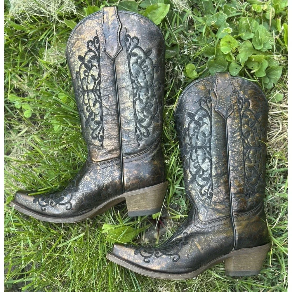Corral Western Boots Teen Girls' Cowboy Pull‎ On Metallic Bronze A3154 Size 3.5