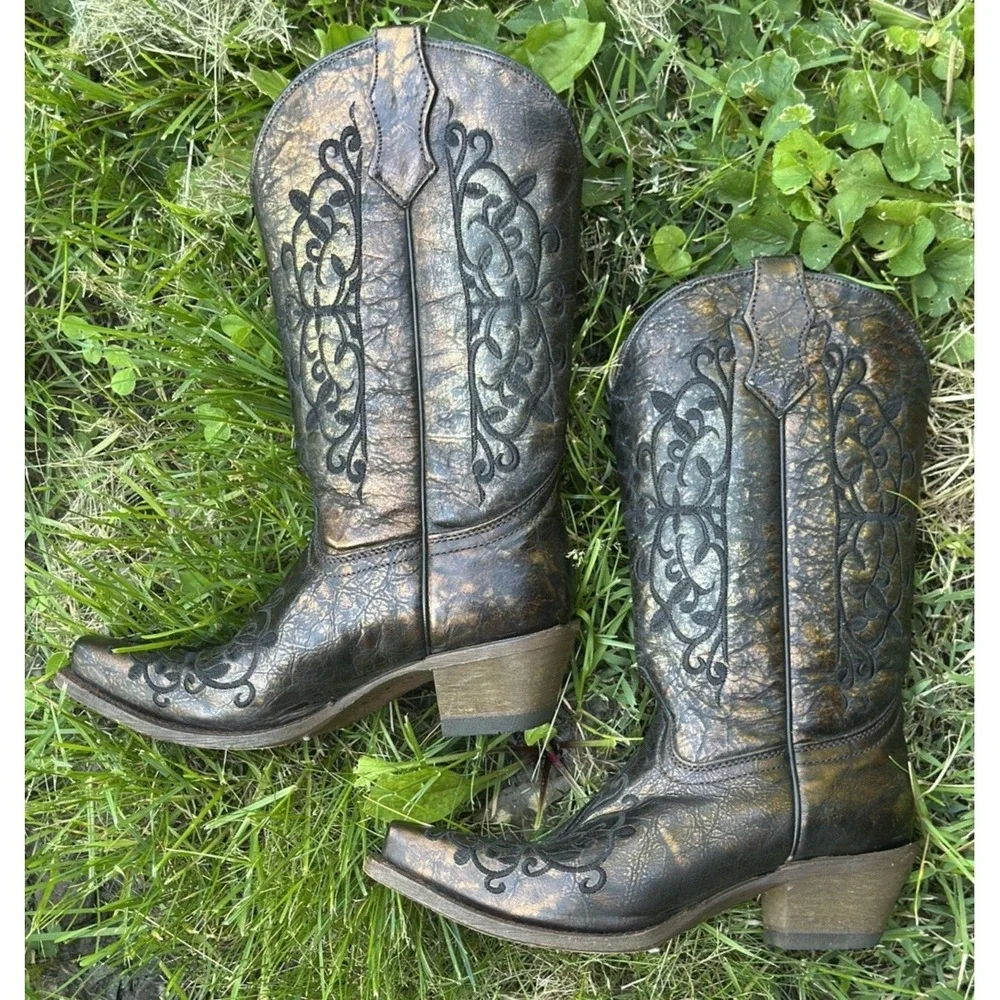 Corral Western Boots Teen Girls' Cowboy Pull‎ On Metallic Bronze A3154 Size 3.5