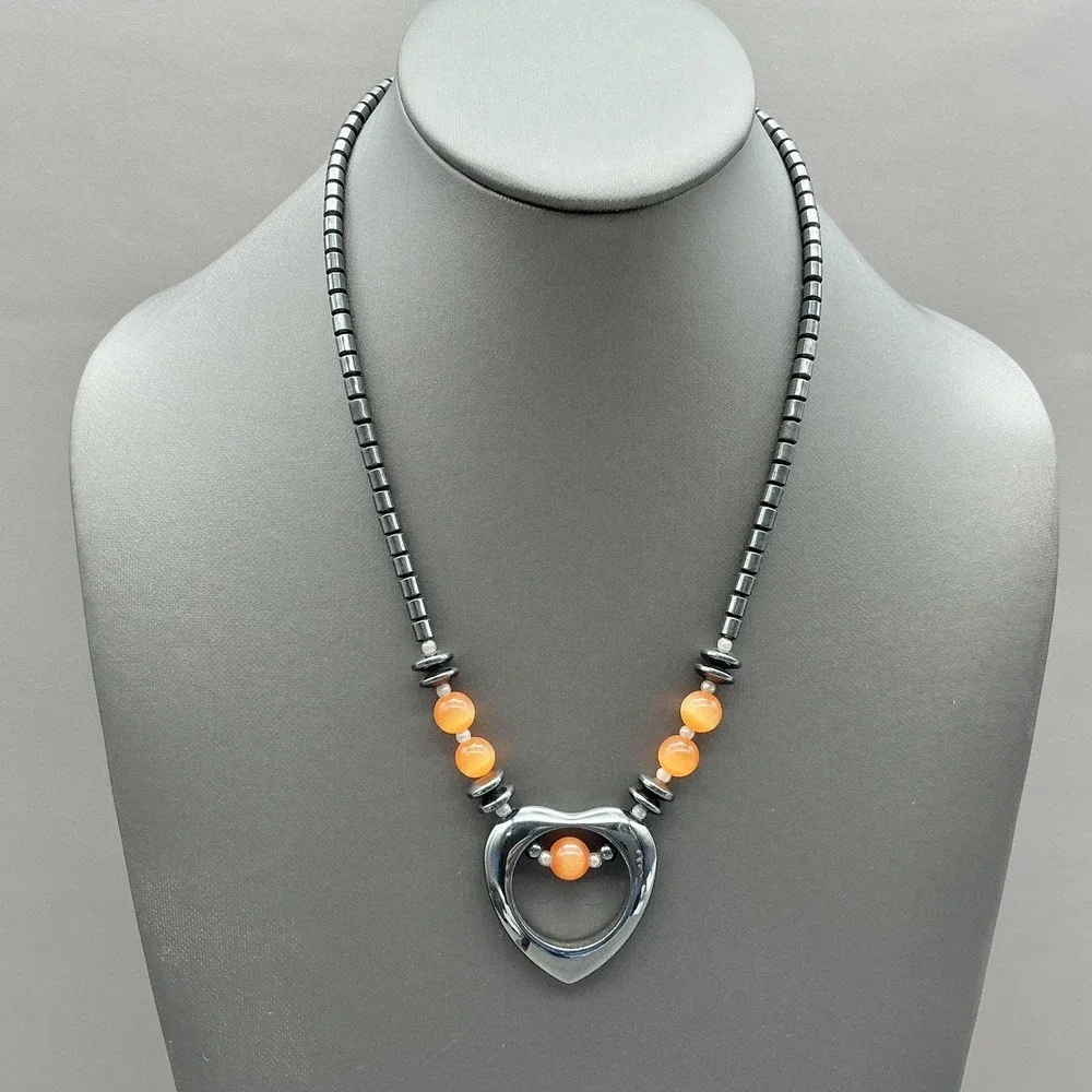 Necklace Hematite Beaded Heart Pendant Orange Bead‎ Barrel Statement Jewelry