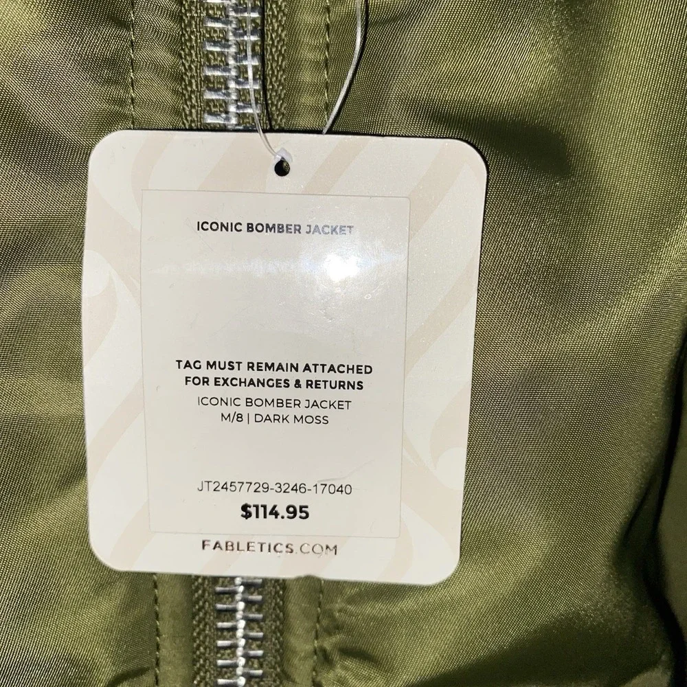 NWT Fabletics Iconic Bomber Jacket‎ Women's Medium In Dark Moss