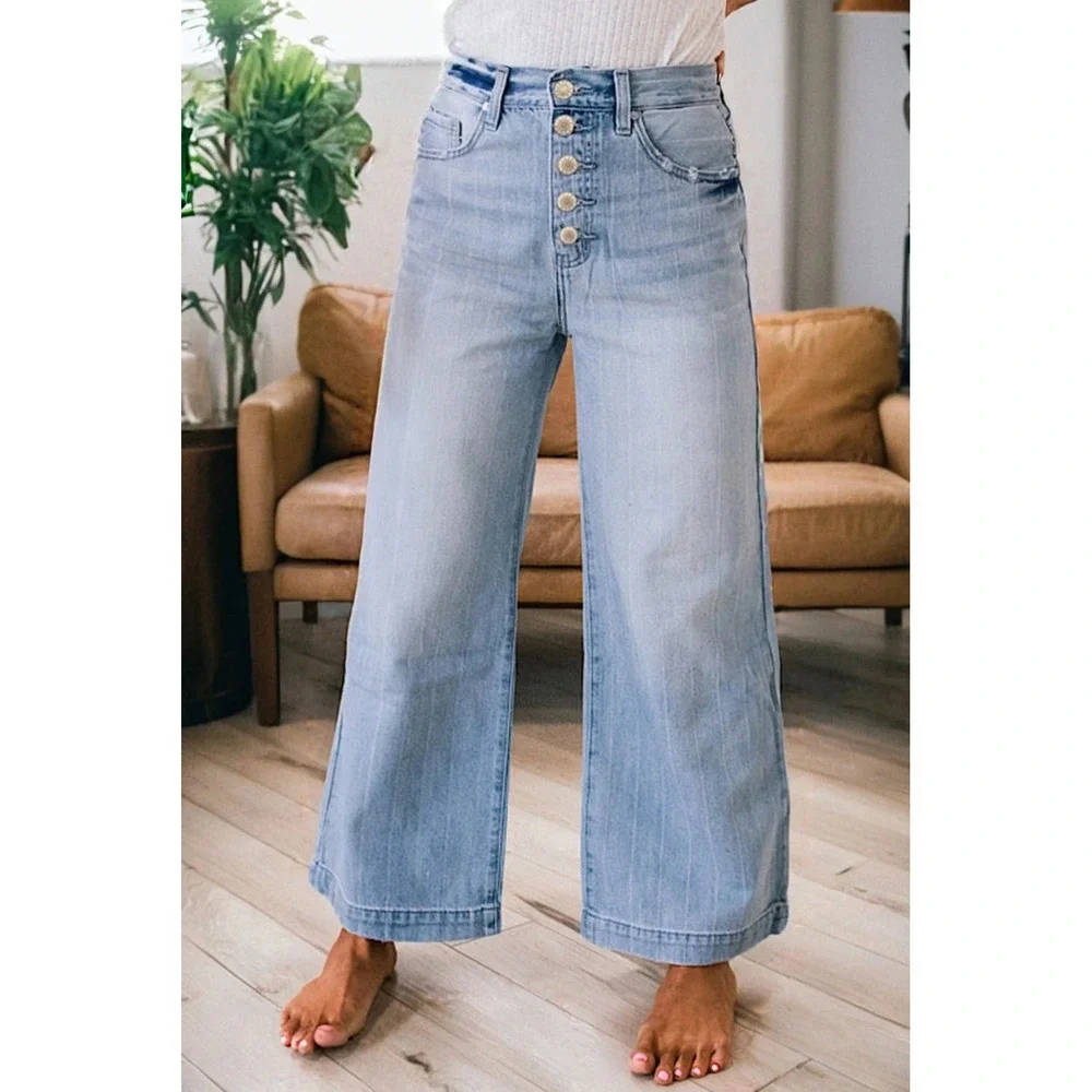 Kancan‎ LIGHT DENIM PIN STRIPE MULTI BUTTON WIDE LEG JEANS
