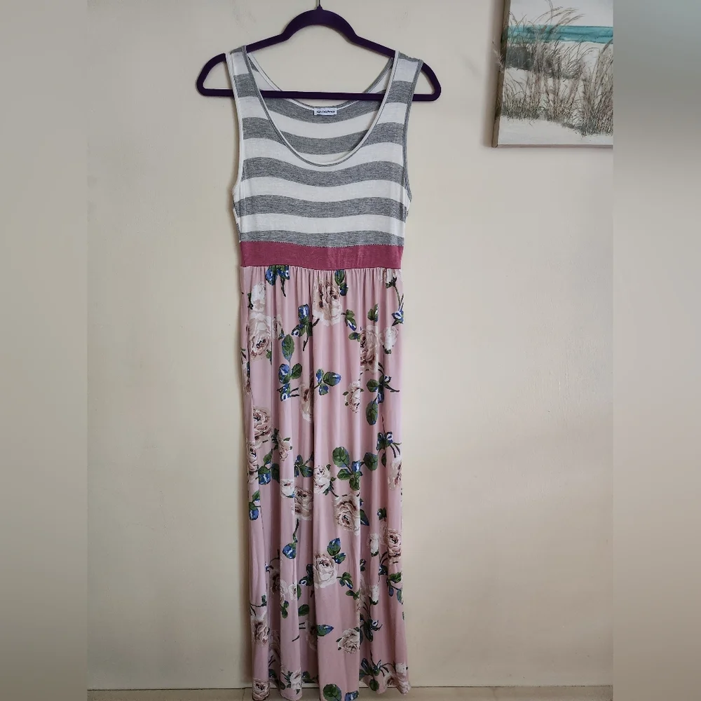 Womens Floral Maxi Dress Small Blush Pink Grey White Stripe