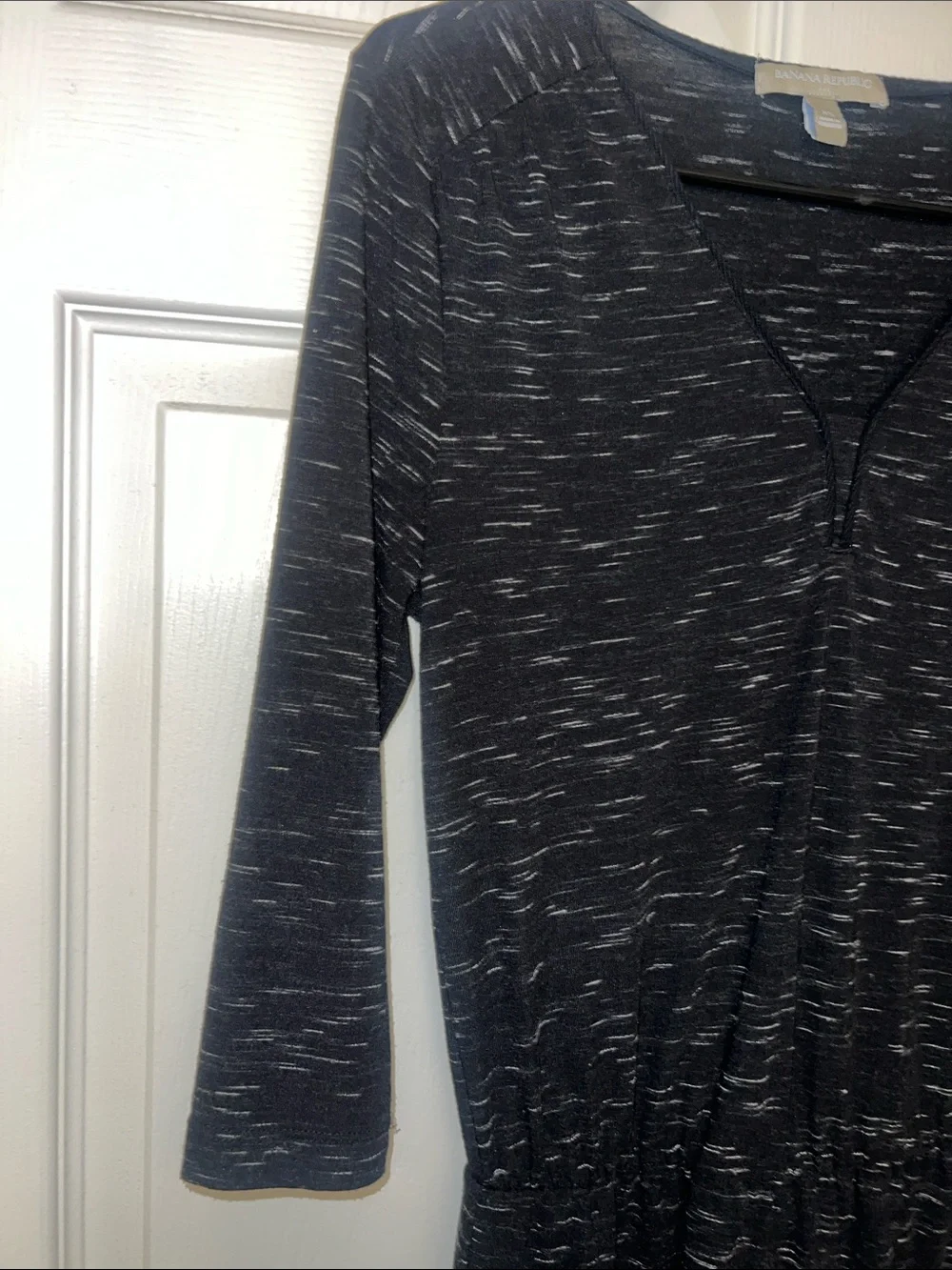 Banana Republic Black with White Fleck Long-Sleeve V-Neck Dress