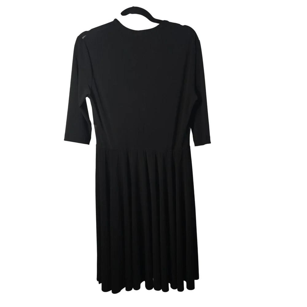 Norma Kamali Black Mesh Inset Fit Flare Midi Dress Women L Stretch Cocktail Chic