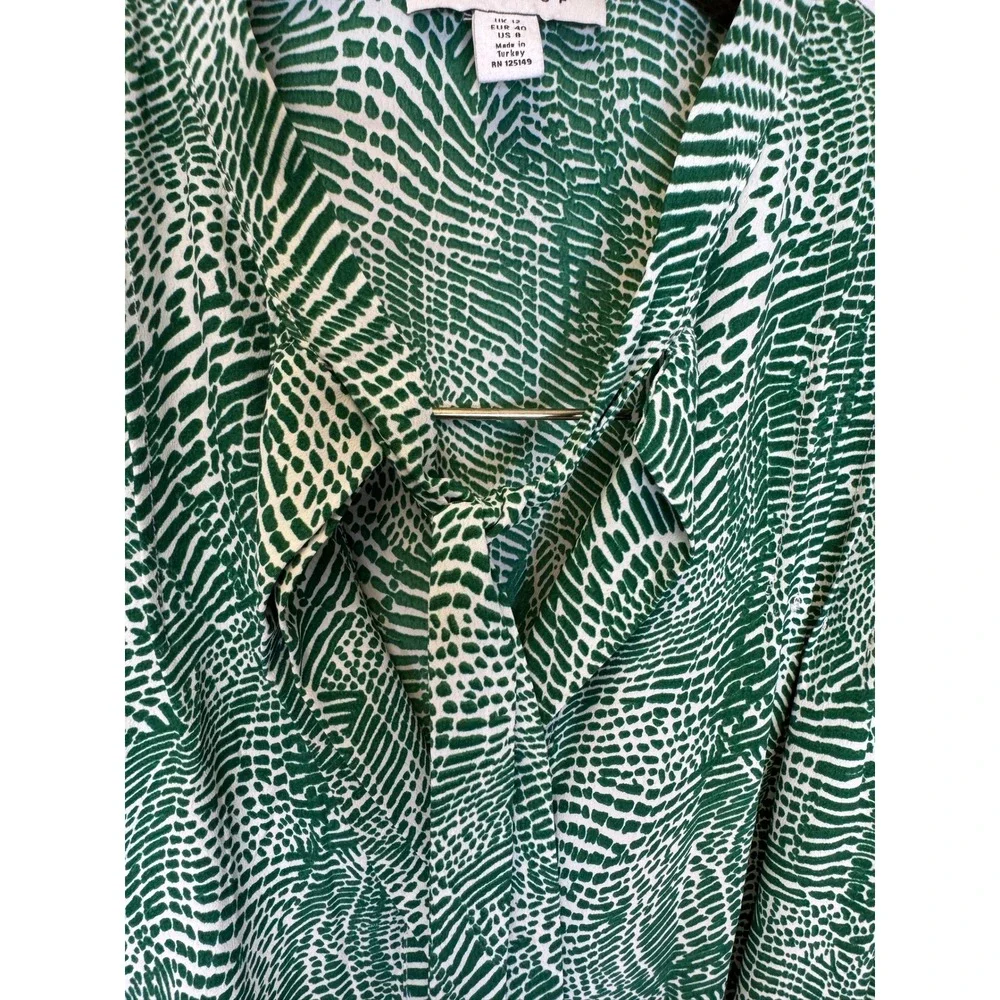 Topshop‎ Green White Abstract Tie Neck Belted Shirt Dress Long Sleeve US 8 UK 12