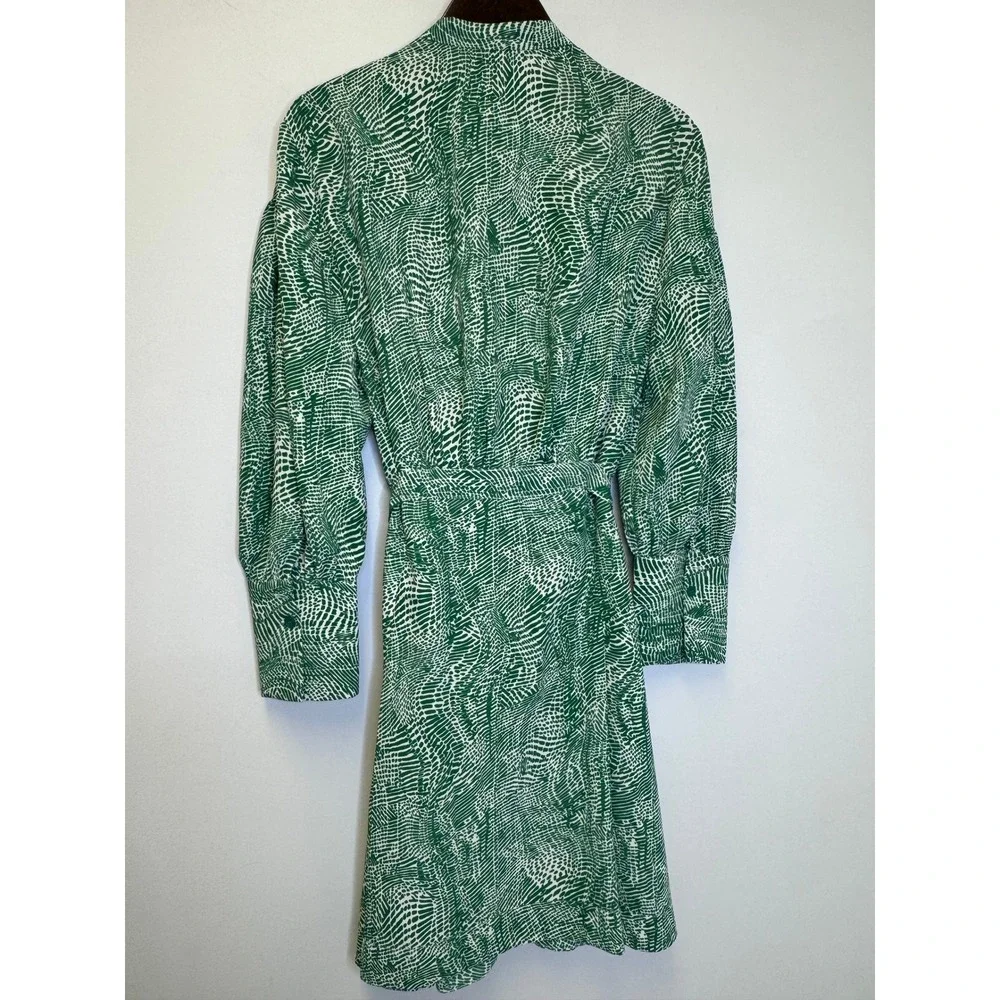 Topshop‎ Green White Abstract Tie Neck Belted Shirt Dress Long Sleeve US 8 UK 12