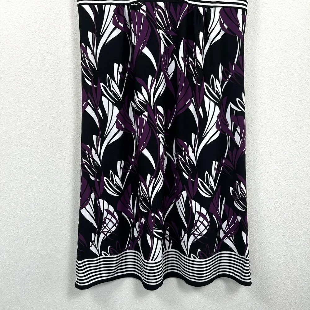 Ann Taylor Loft Dress Size 6 Purple Black Floral Stripe Knee Length Short Sleeve