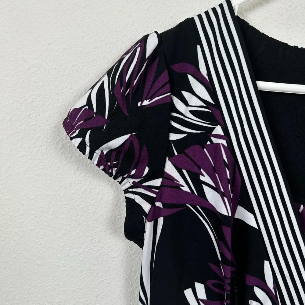 Ann Taylor Loft Dress Size 6 Purple Black Floral Stripe Knee Length Short Sleeve