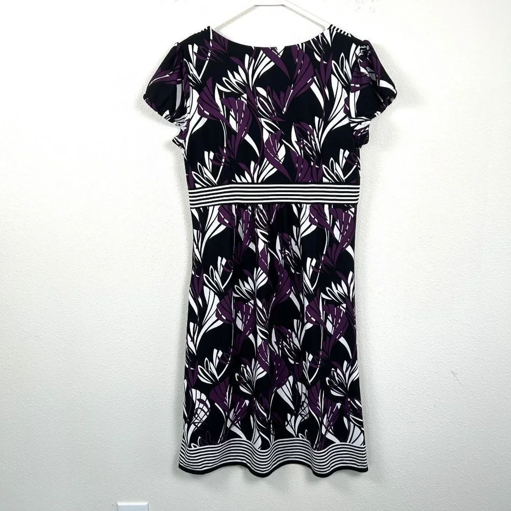 Ann Taylor Loft Dress Size 6 Purple Black Floral Stripe Knee Length Short Sleeve
