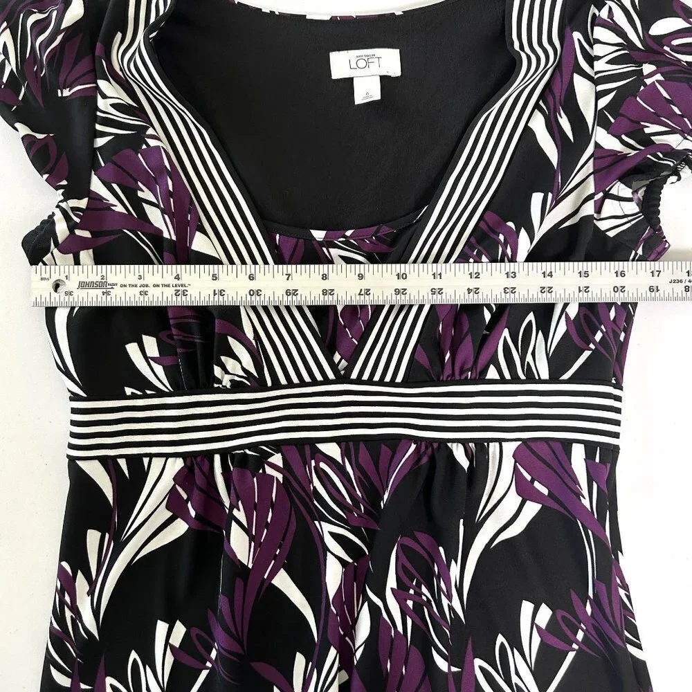 Ann Taylor Loft Dress Size 6 Purple Black Floral Stripe Knee Length Short Sleeve