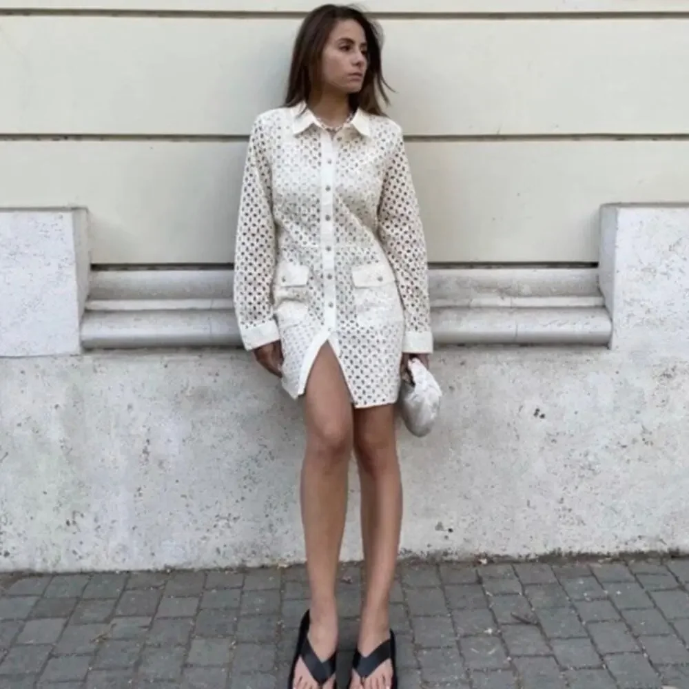 Zara Cutwork Embroidery Long Sleeve‎ Mini Dress Cream Size S