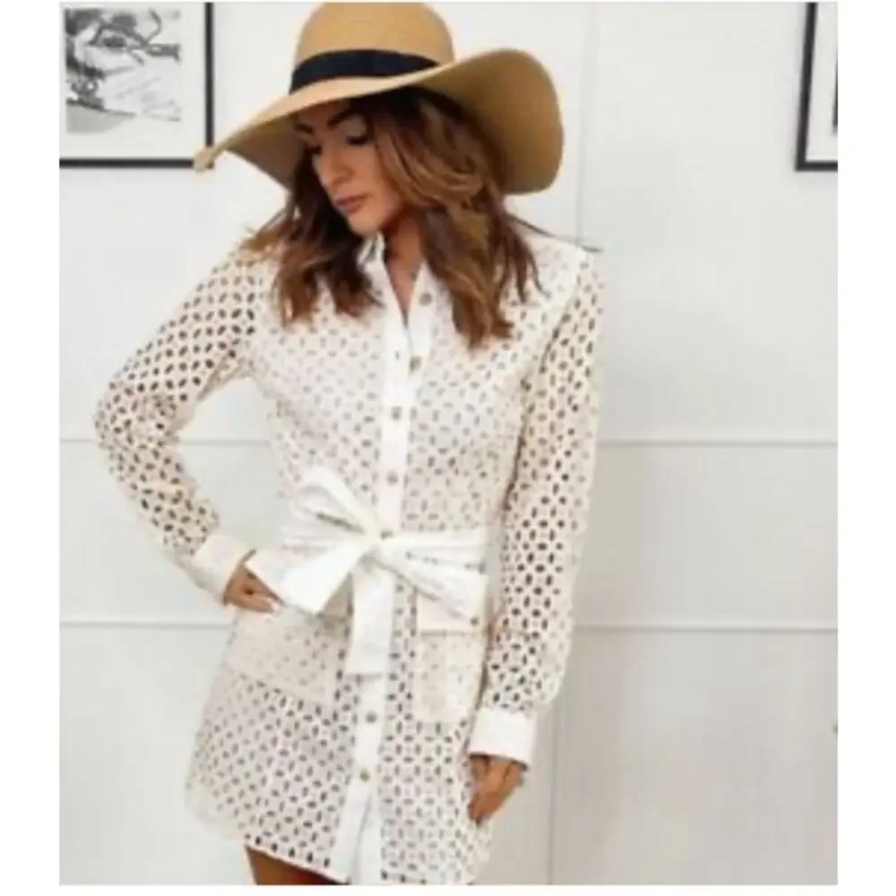 Zara Cutwork Embroidery Long Sleeve‎ Mini Dress Cream Size S