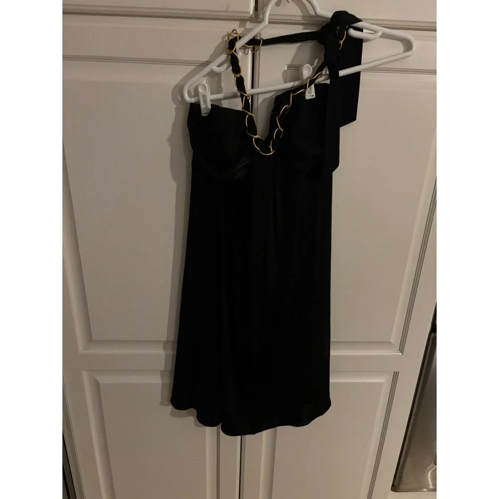 Nine West Black Halter Dress Sleeveless Gold‎ Chain Detail Party Cocktail