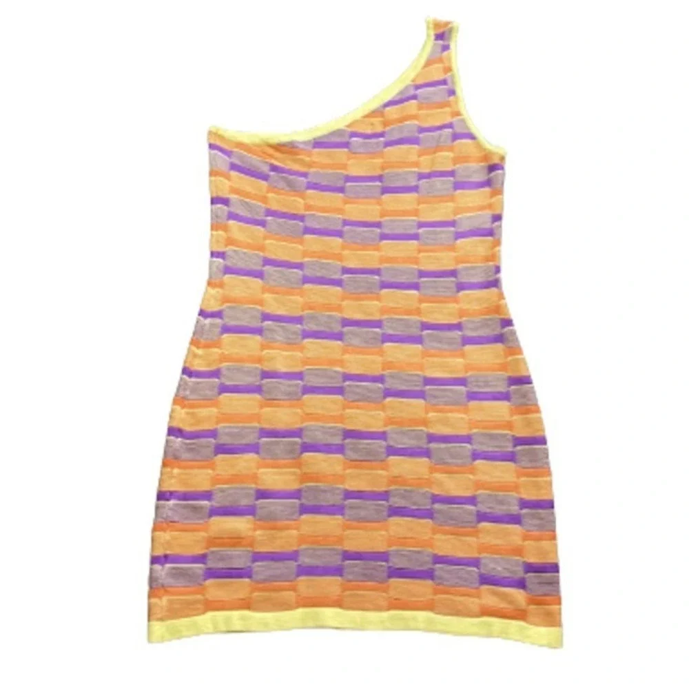 Cotton On Womens One Shoulder Mini‎ Dress Orange Purple Geometric Knit NWT XL
