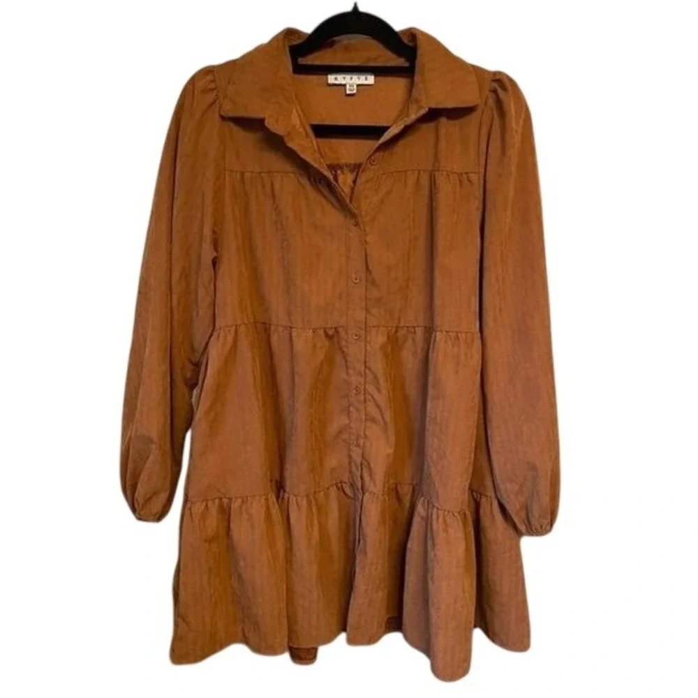 Hyfve Rust Brown Tiered Button Down Mini Dress Long Balloon Sleeve XS