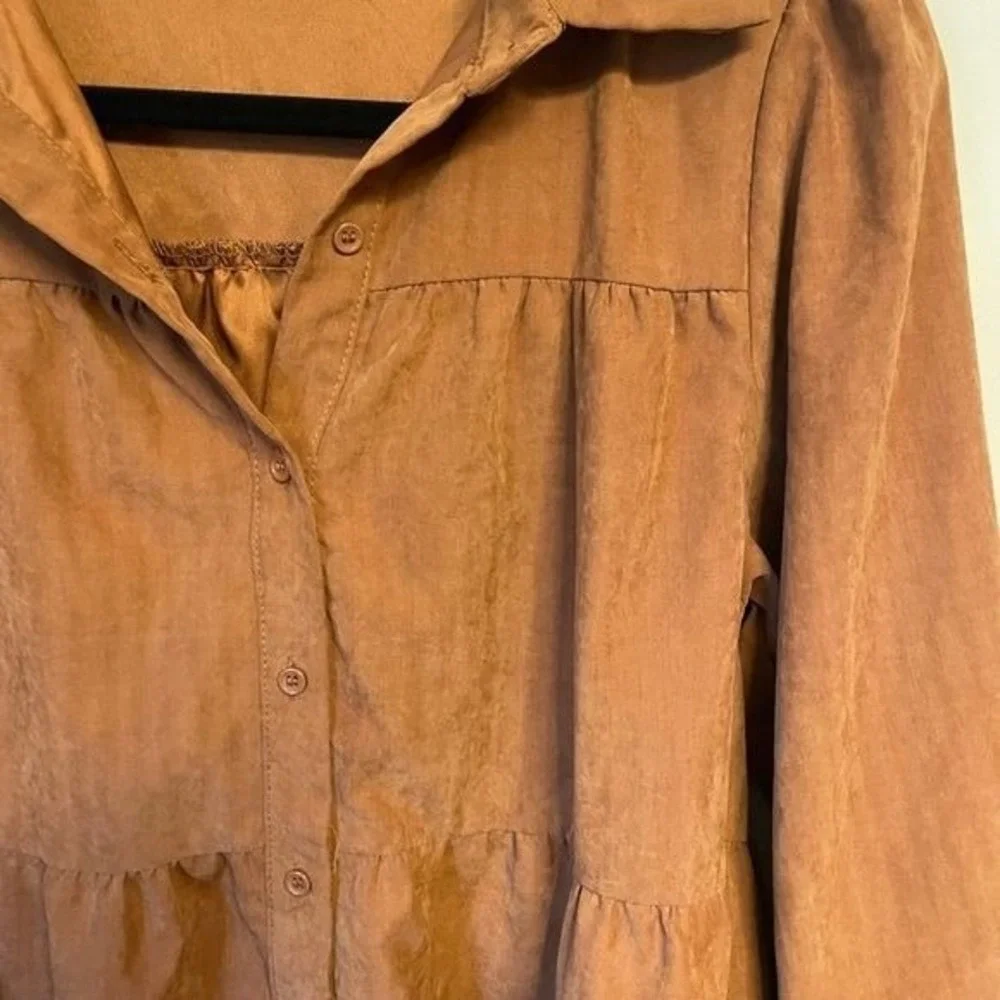 Hyfve Rust Brown Tiered Button Down Mini Dress Long Balloon Sleeve XS