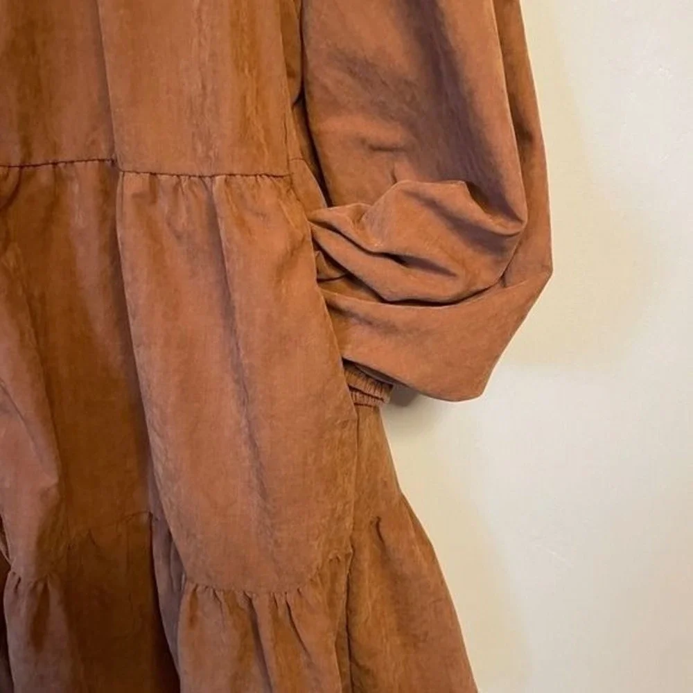 Hyfve Rust Brown Tiered Button Down Mini Dress Long Balloon Sleeve XS