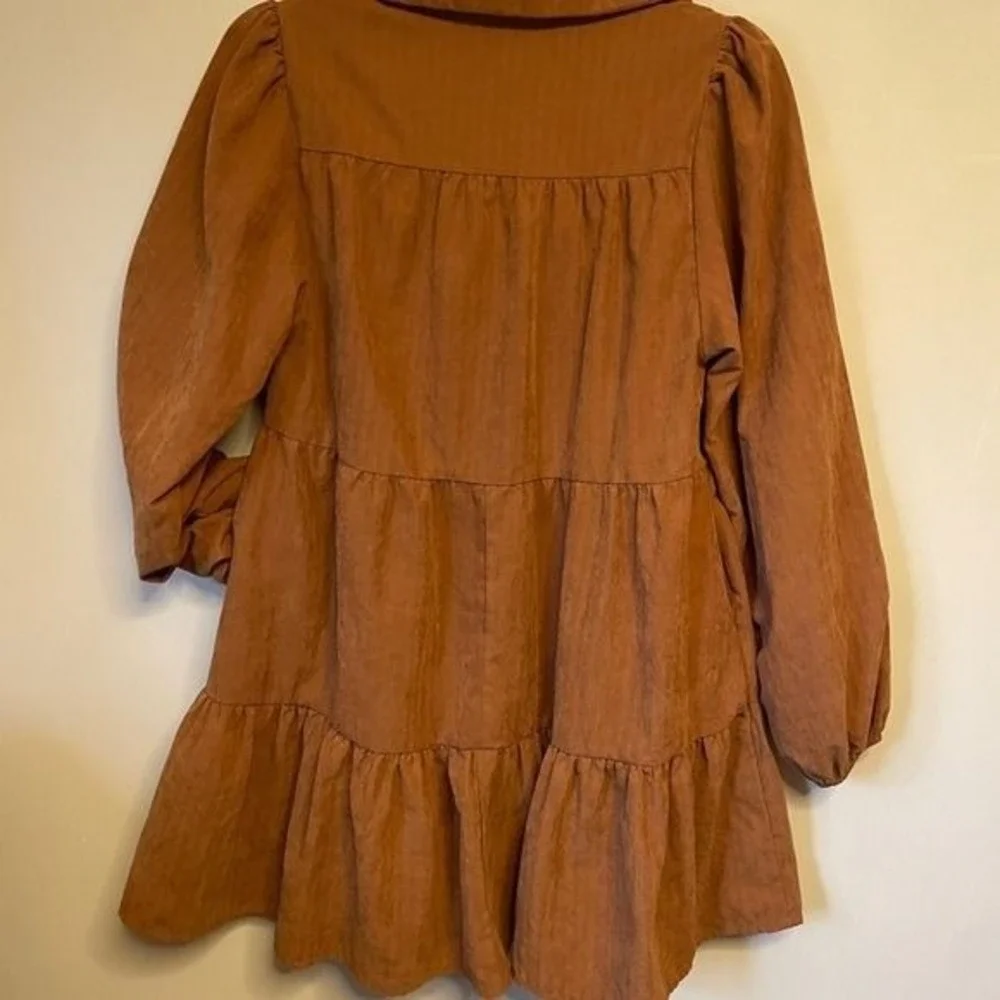Hyfve Rust Brown Tiered Button Down Mini Dress Long Balloon Sleeve XS