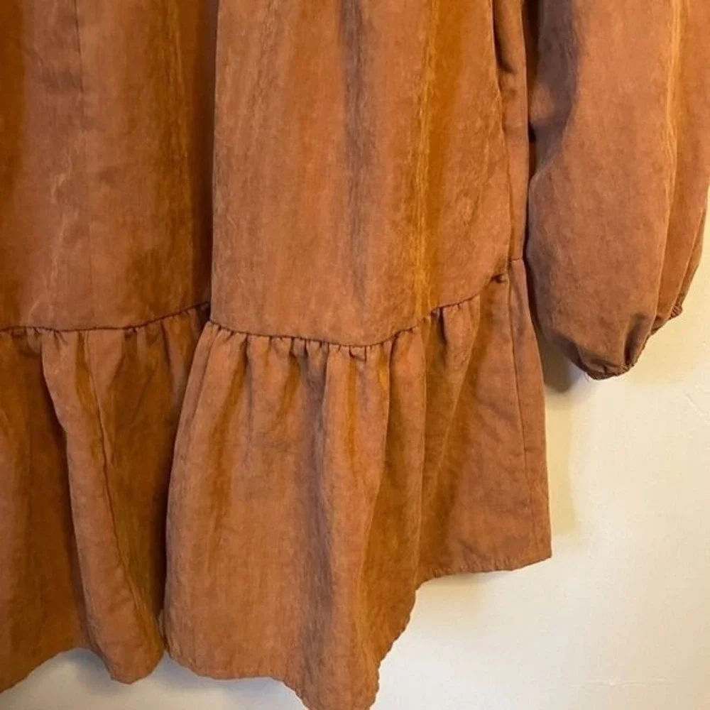 Hyfve Rust Brown Tiered Button Down Mini Dress Long Balloon Sleeve XS