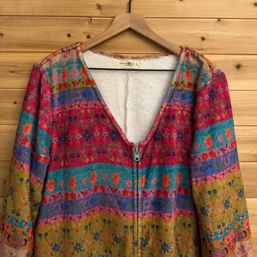 Natural Life Large Colorful Bohemian Fair Isle Print Fleece Zip Up One Piece PJ