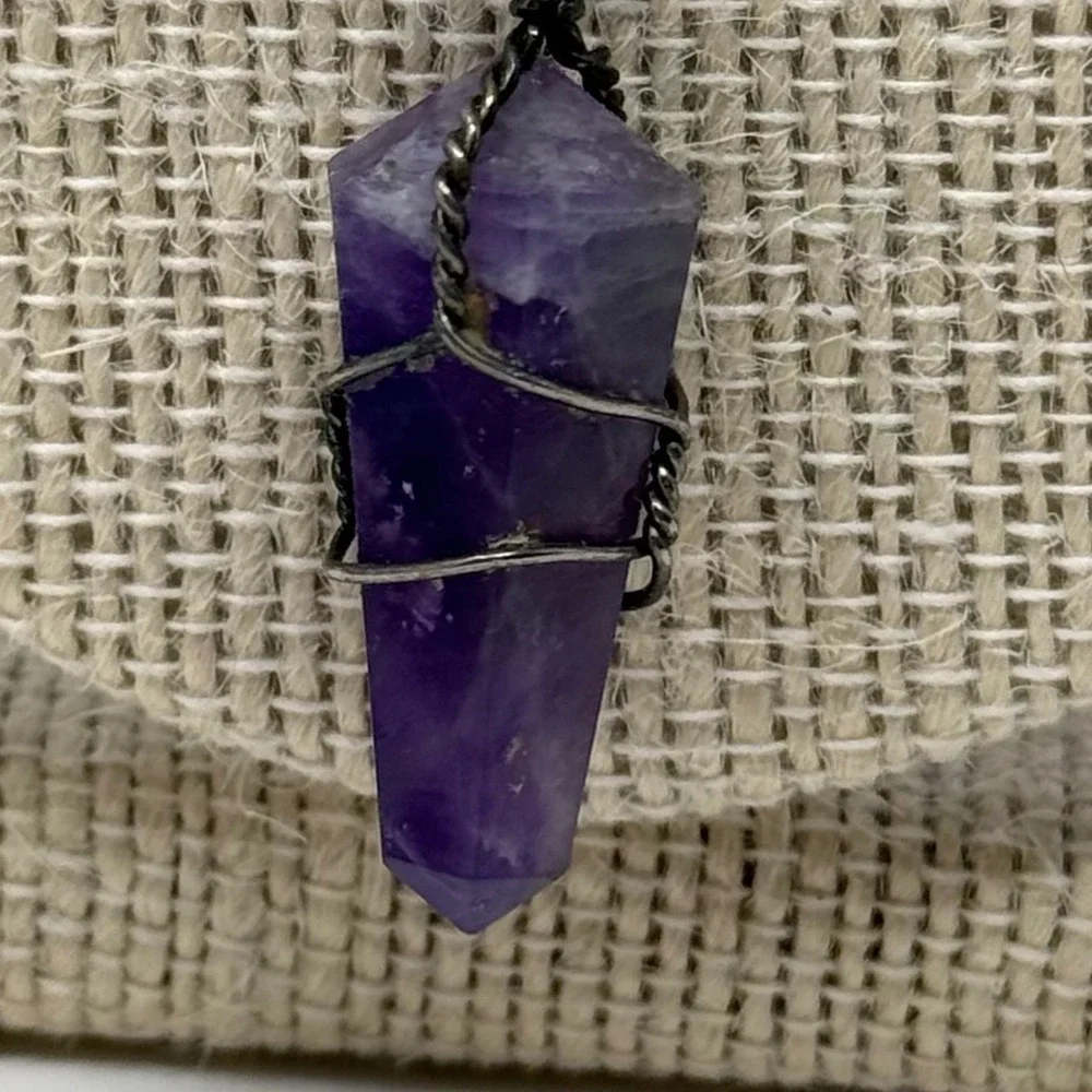 Amethyst Crystal Point‎ Wire Wrapped Pendant Necklace Silver Tone Chain