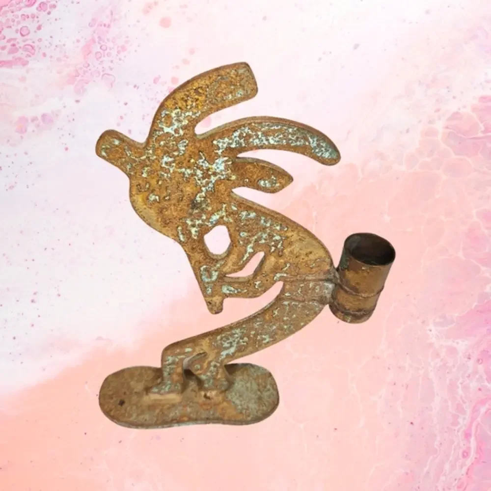 Vtg Kokopelli Handmade Cast iron Metal Candle holder/ Figurine‎  Folk Art Solid