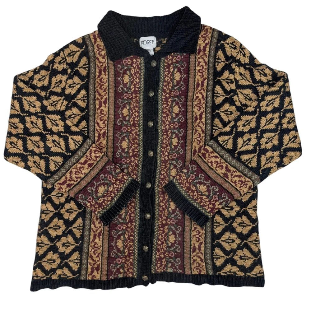 Vintage Koret boho mixed knit grandma cardigan sweater jacket. Medium