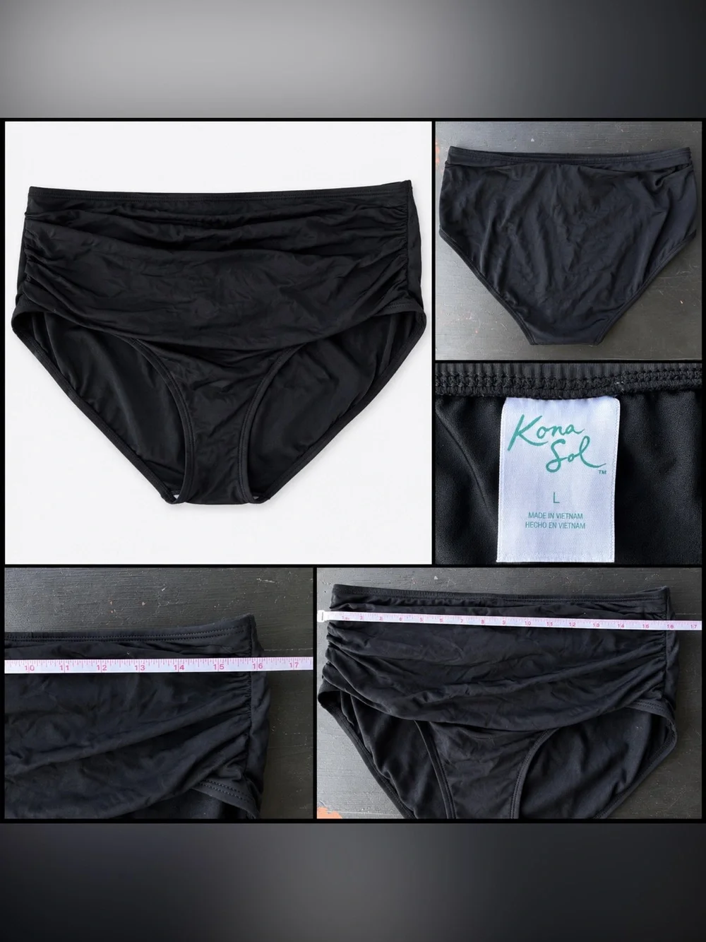 Kona Sol Black Swim Bottoms – Size L – Full Coverage