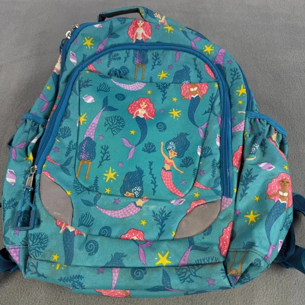 Kids Mermaid Print Backpack Teal Blue‎ School Bag with Reflective Safety Patches