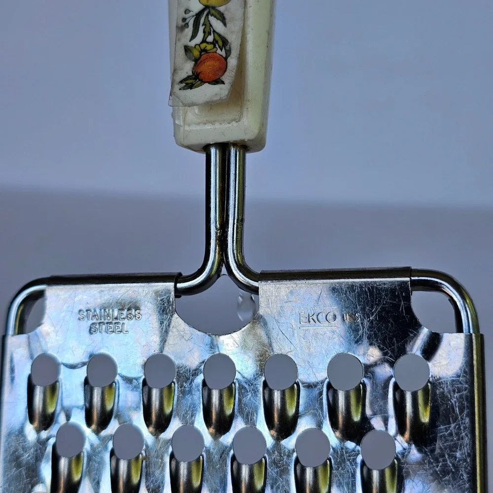 Vintage Ekco Stainless Steel Hand Grater Fruit Decal Handle Retro Kitchen Tool