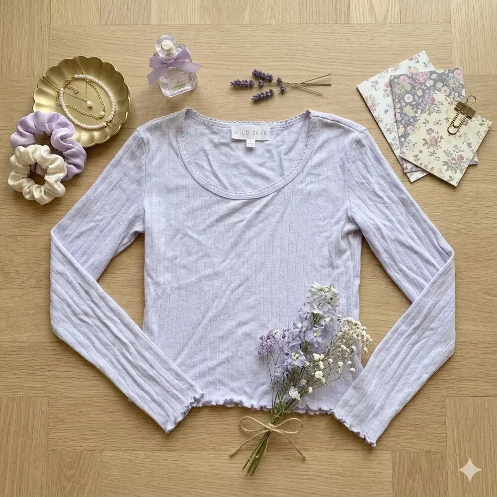Wild Skye Light Blue/Gray‎ Pointelle Ribbed Long Sleeve Lettuce Edge Top Size S