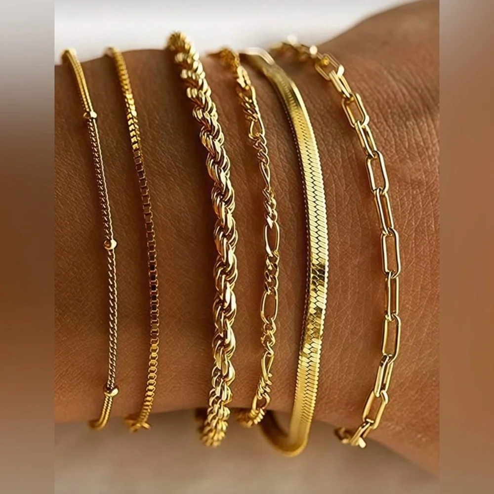 Gold Plated Stainless Steel 6PC Chain Bracelet Stack 8.5” Layered Set