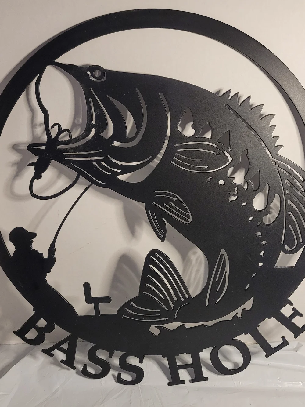 Bass Hole Black Metal Wall Art - Fishing Decor (S)