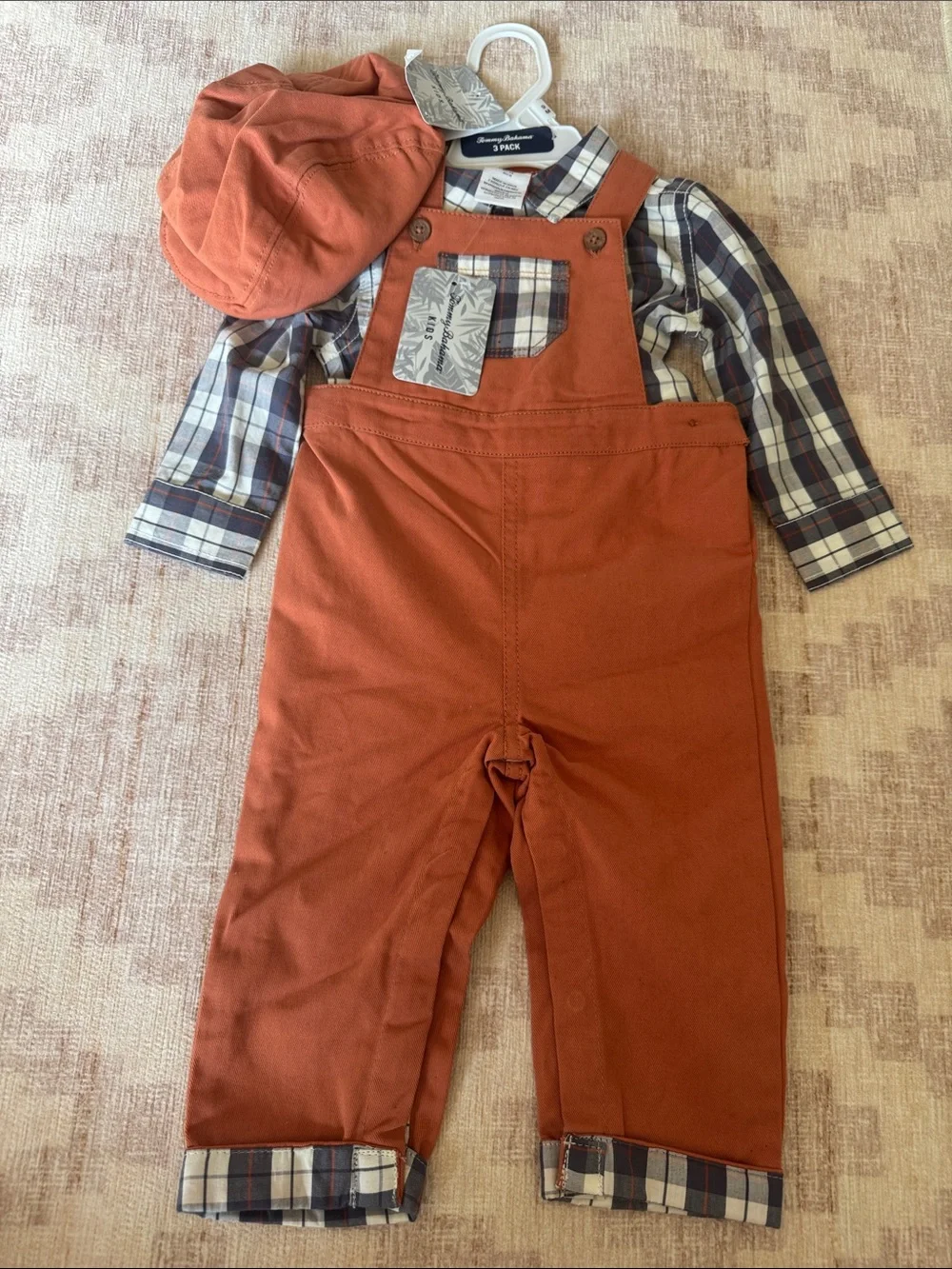Carter's Rust Orange Overalls with Navy & Cream Plaid Shirt and Cap size 9M NWT