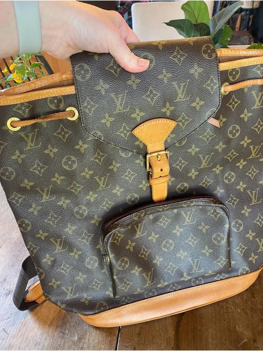 Louis Vuitton Monogram Canvas Backpack with Tan Leather Accents