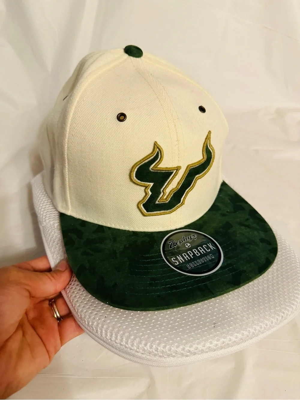 USF Bulls Zephyr Snapback Hat Cream Green Camo Brim South Florida NCAA Cap