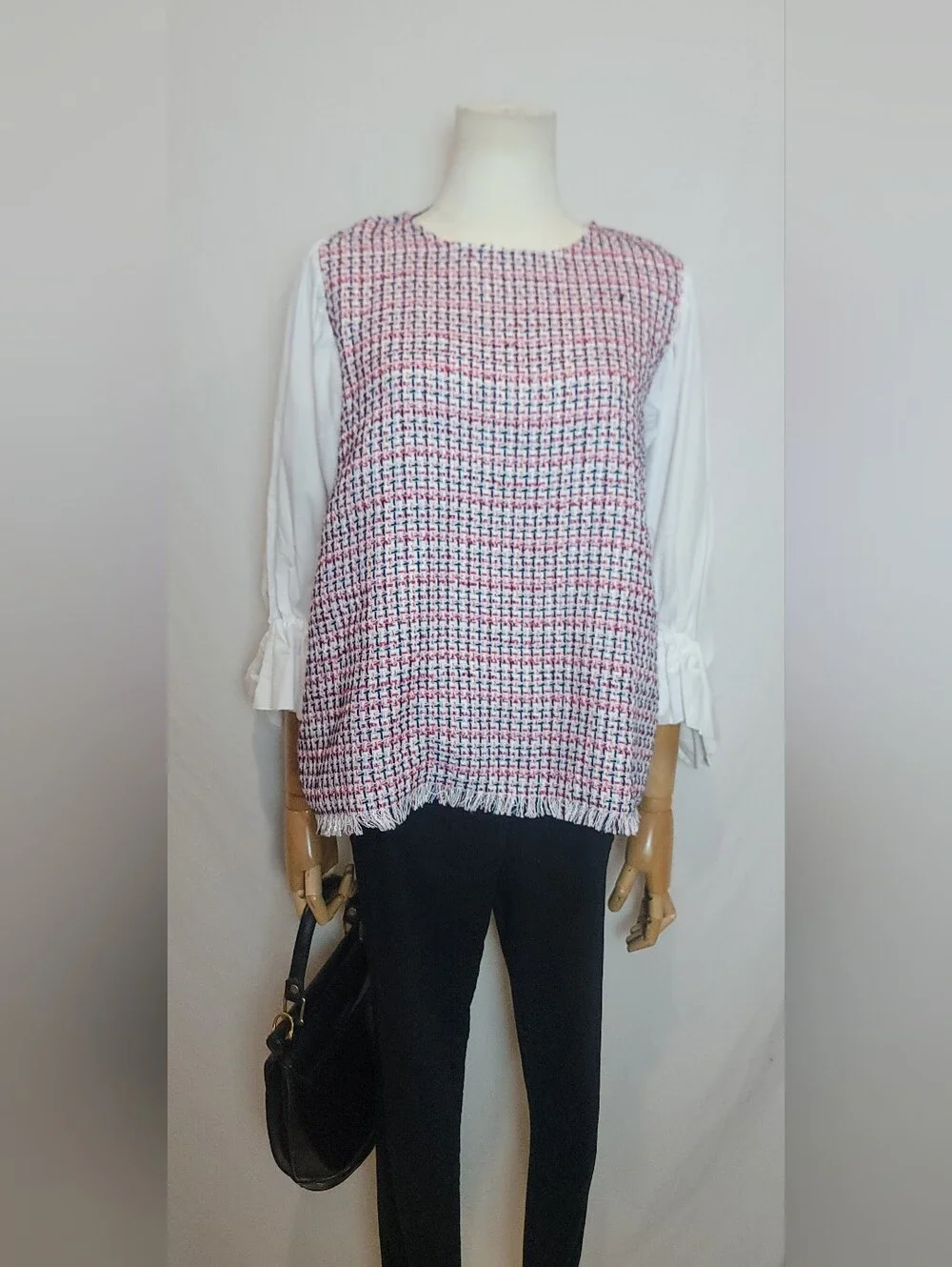 Zara Woman Red Blue White Contrast Tweed blouse, Size Small