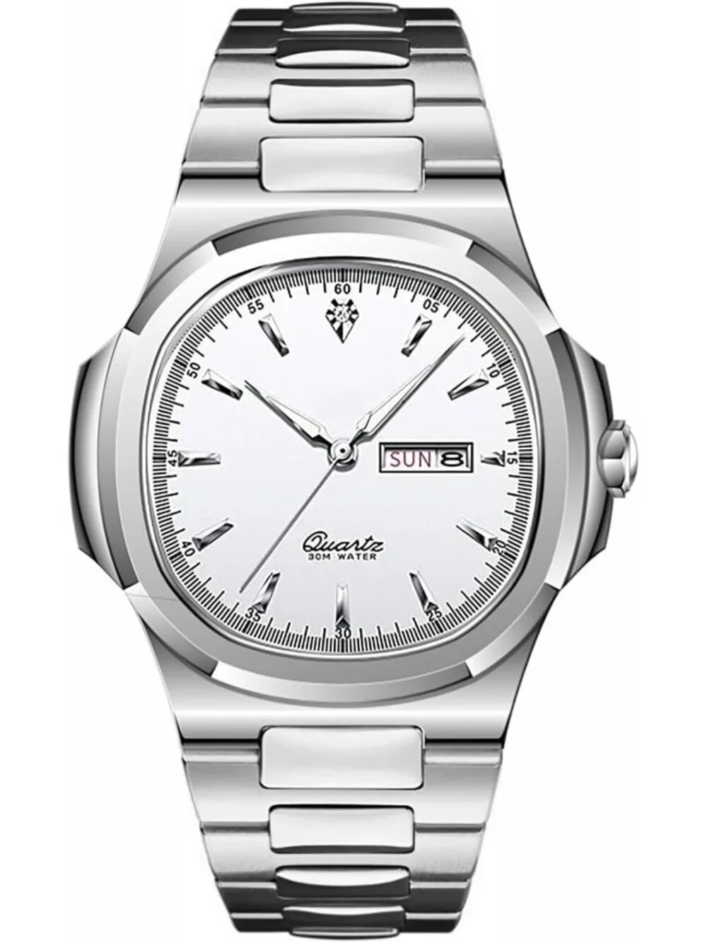 Men's Silver White Stainless Steel Strap Quartz Movement Waterproof Wrist Watch