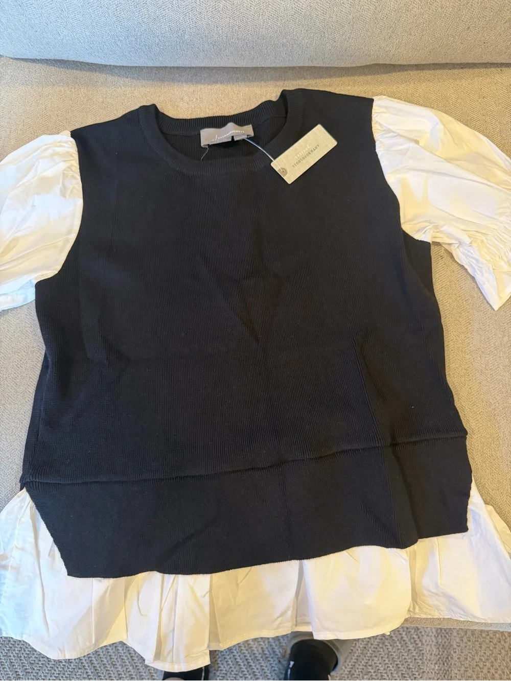 Anthropologie Black Knit Bodice with White Puff Sleeves Brand New with tags