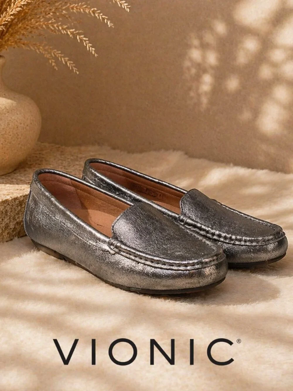 Vionic Metallic Silver Leather Loafers